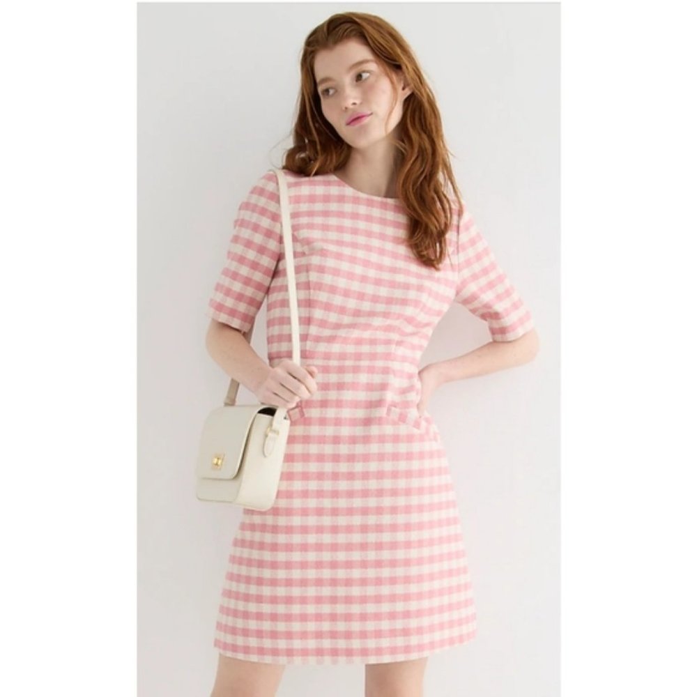 J.Crew Short-sleeve mini dress gingham terry tweed pink white p checker 10 L